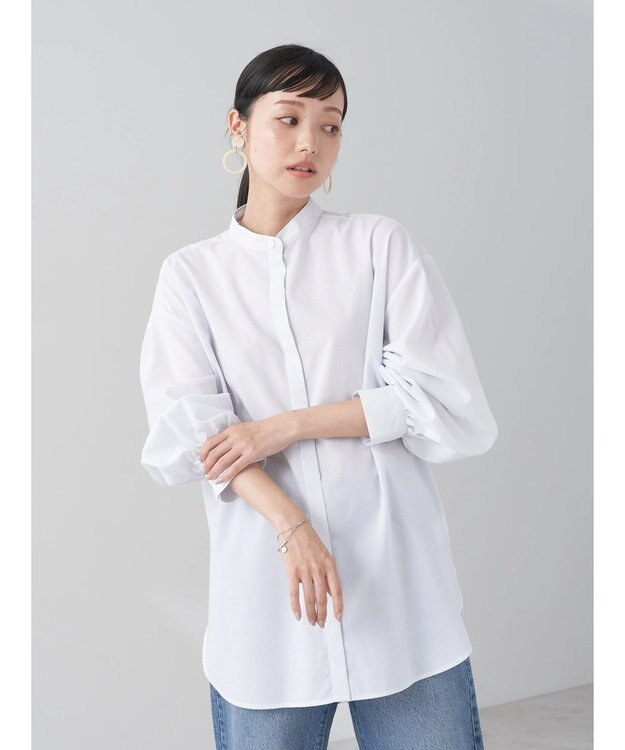 earth music&ecology バンドカラーストライプシャツ Light Gray