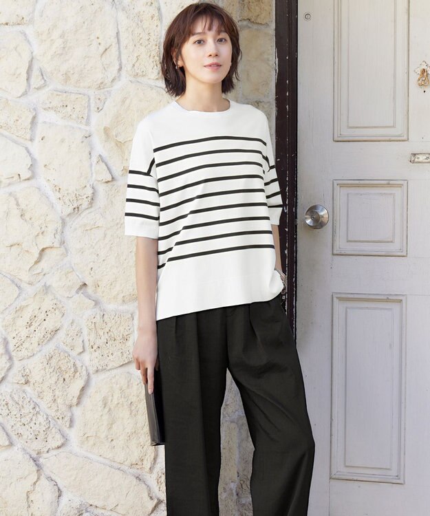 自由区 【接触冷感・UVカット・WEB限定カラーあり】クレープストレッチプルオーバー ニット [新色]オフ×ネイビー(ラメ)