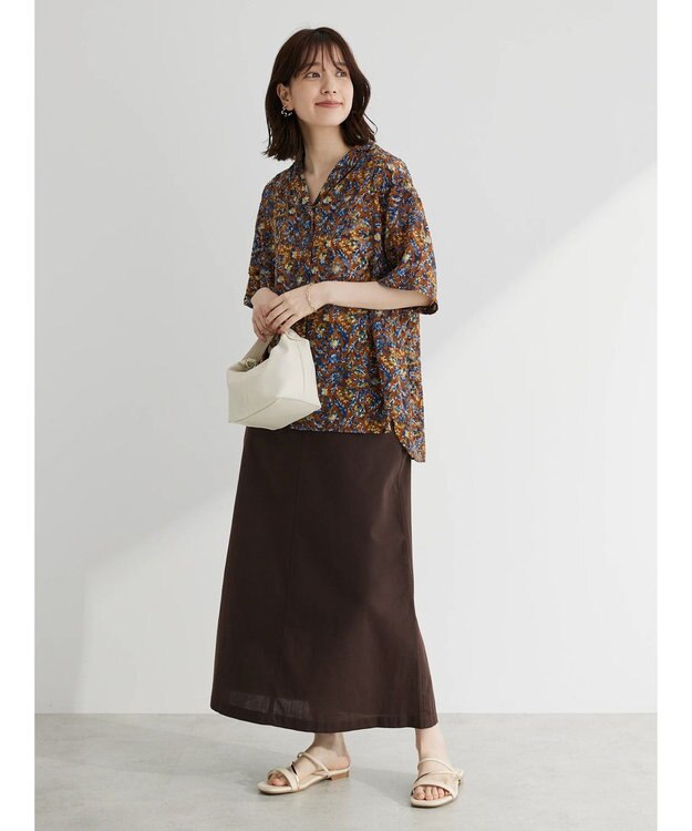 Green Parks 綿麻混台形マキシスカート Brown