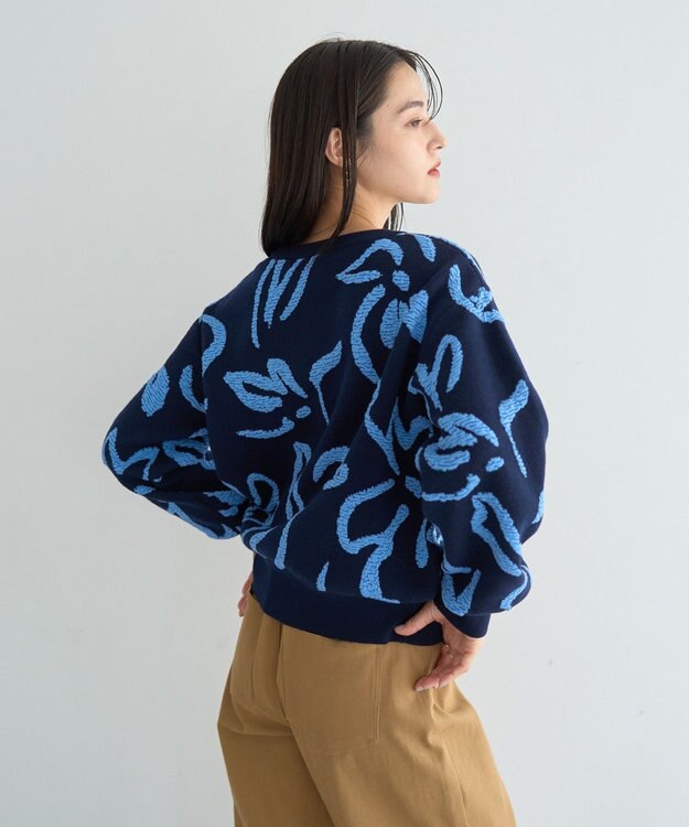 YECCA VECCA アート柄ふくれジャガードニット Navy