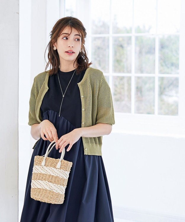 Tiaclasse L 【新色追加・洗える】パフスリーブ透かし編みニットカーディガン ライトグリーン