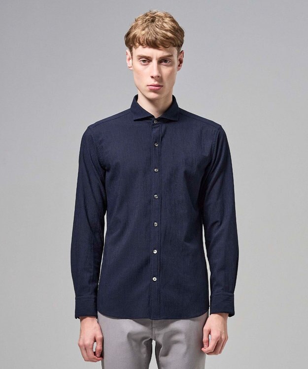 JOSEPH HOMME 【新モデル】トリコサッカーストレッチ 　ホリゾンタルカラーシャツ ネイビー系