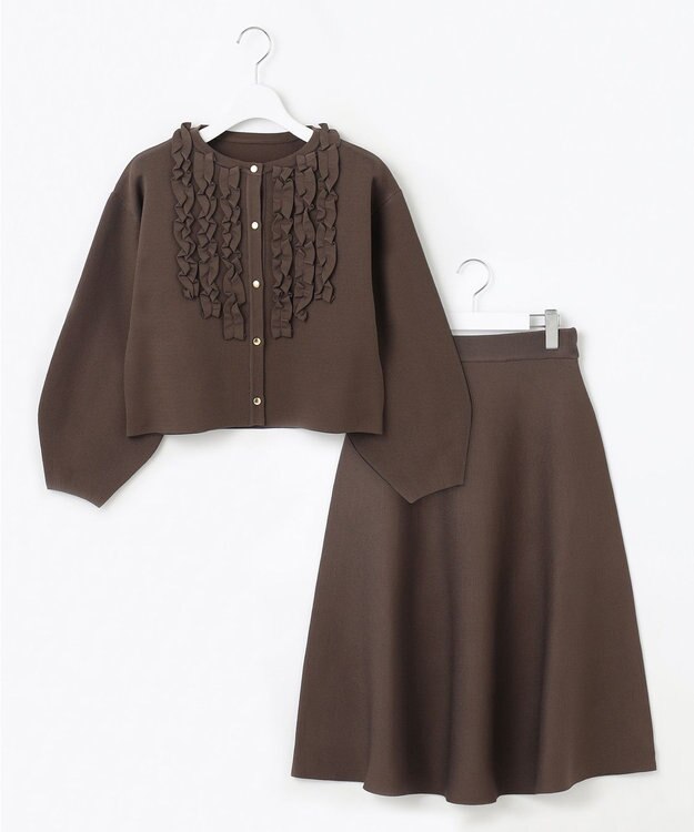 Feroux 【洗える】パフスリーブフリル ニットセットアップ ダークブラウン系