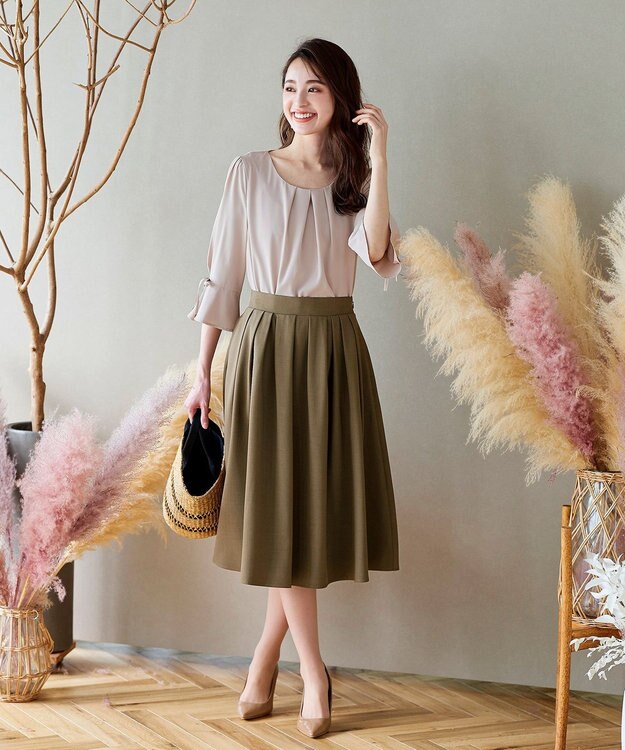 Tiaclasse 【洗える】体型カバーも叶う麻調フレアタックスカート カーキ