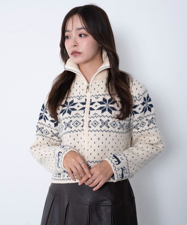 WEGO ユキガラダブルジップカーデ ホワイトアイボリー