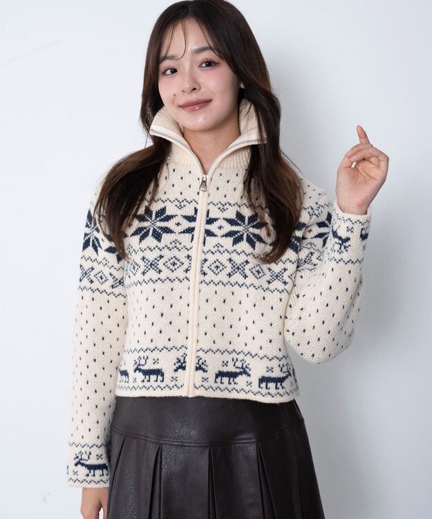 WEGO ユキガラダブルジップカーデ ホワイトアイボリー