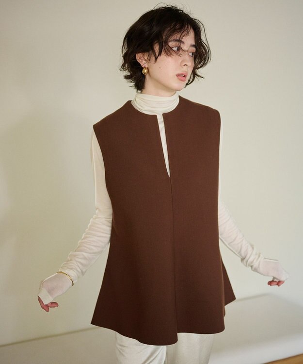 #Newans 【洗える】スリットネックフレアベスト ブラウン