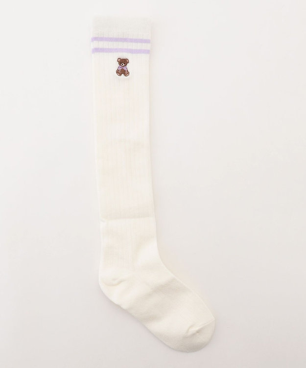 ANY KIDS クマ刺繍 ニーハイソックス エクリュ