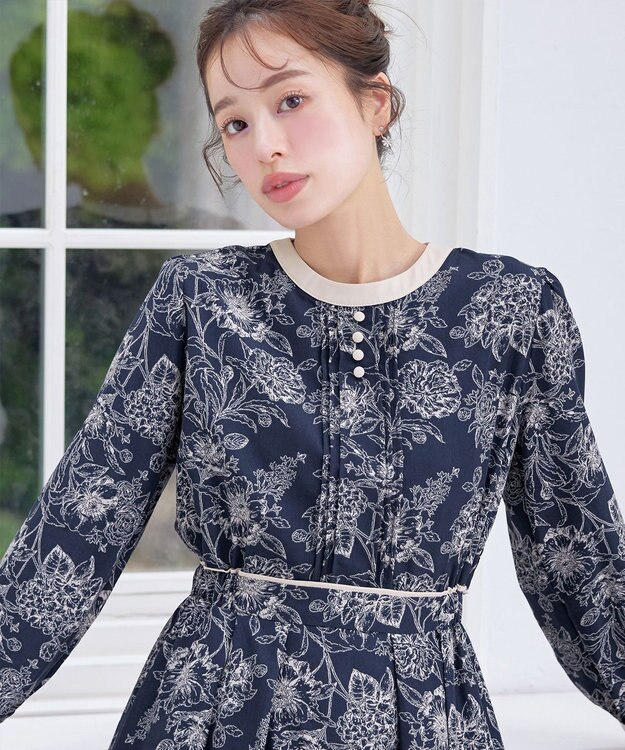 Tiaclasse L 【洗える】トワルドジュイ配色ワンピース ネイビー