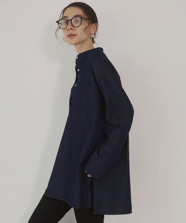 WEGO 【ANGIE VINTAGE】襟が選べる デニム チュニック シャツ （バンドカラー/レギュラーカラー） ネイビー