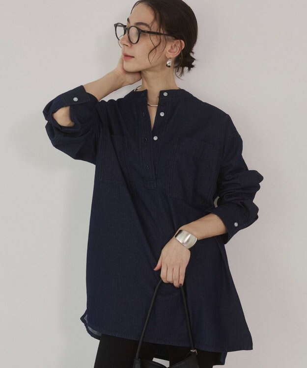 WEGO 【ANGIE VINTAGE】襟が選べる デニム チュニック シャツ （バンドカラー/レギュラーカラー） ネイビー