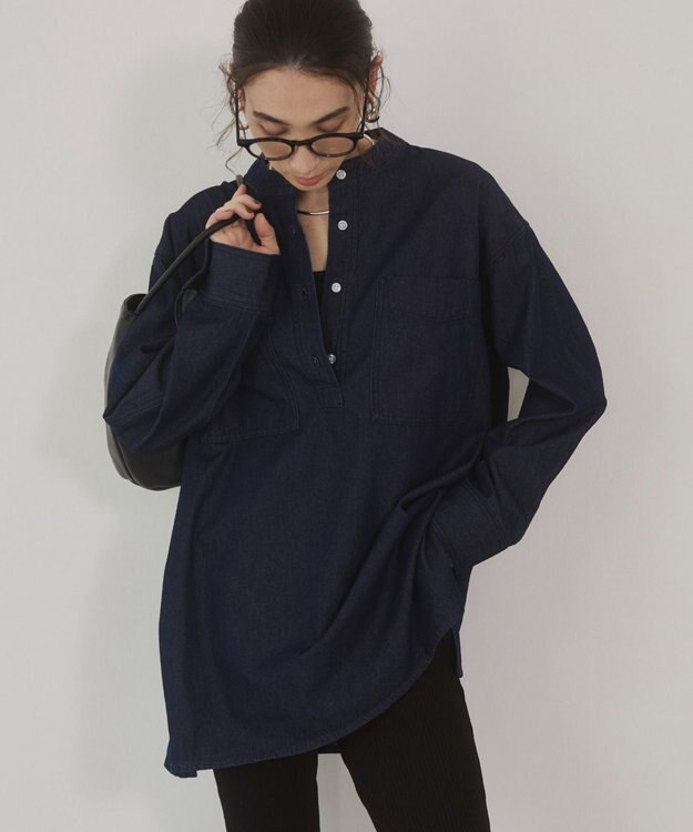 WEGO 【ANGIE VINTAGE】襟が選べる デニム チュニック シャツ （バンドカラー/レギュラーカラー） ネイビー