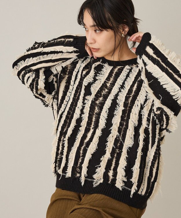 CRAFT STANDARD BOUTIQUE バイカラーフリンジニットプルオーバー Black
