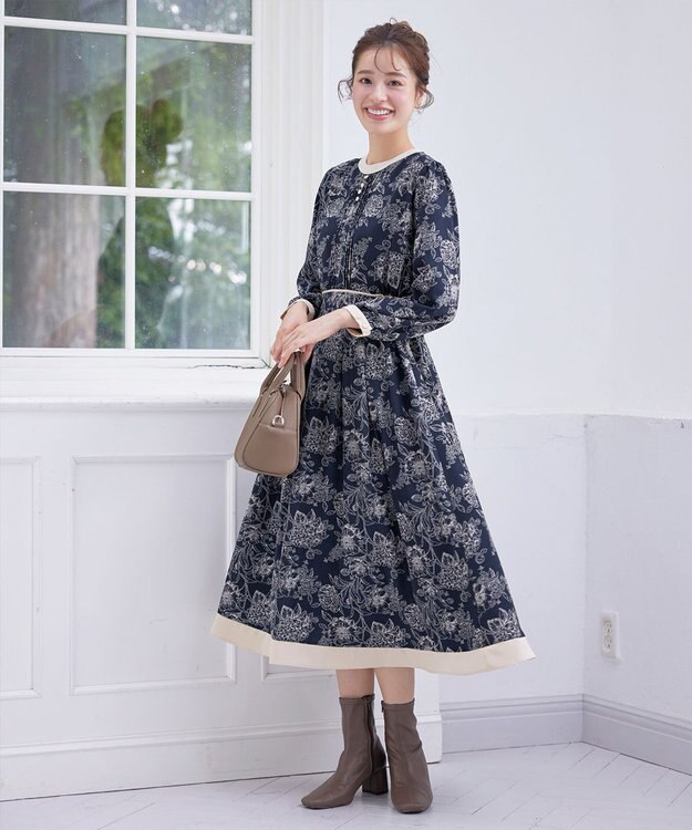 Tiaclasse L 【洗える】トワルドジュイ配色ワンピース ネイビー