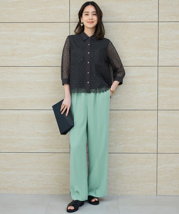 自由区 【SHIHOさんコラボ・洗える】バックサテンジョーゼットワイド パンツ フロスティグリーン