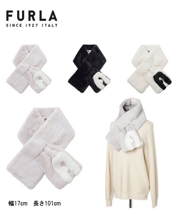 MOONBAT FURLA バイカラーロゴフェイクファーマフラー ライトグレー