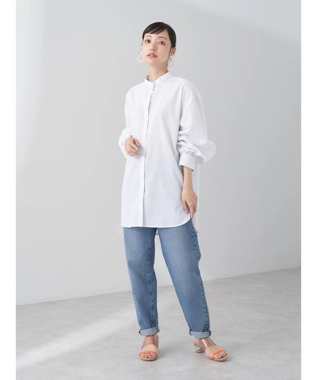 earth music&ecology バンドカラーストライプシャツ Light Gray