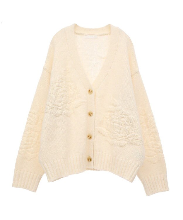 Green Parks ・ｓｗｉｎｇ　ｂｙ　バラ柄ニットカーディガン Off White