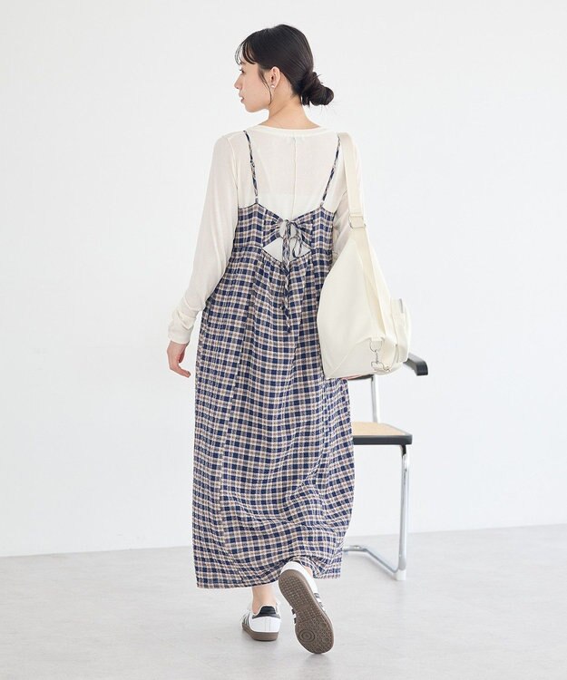 earth music&ecology シャーリングラメチェックキャミワンピース Navy