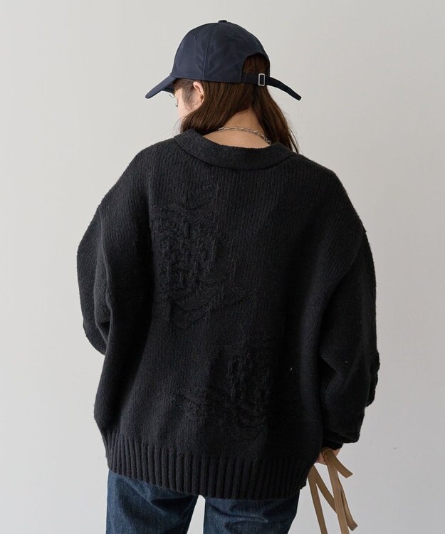 Green Parks ・ｓｗｉｎｇ　ｂｙ　バラ柄ニットカーディガン Black