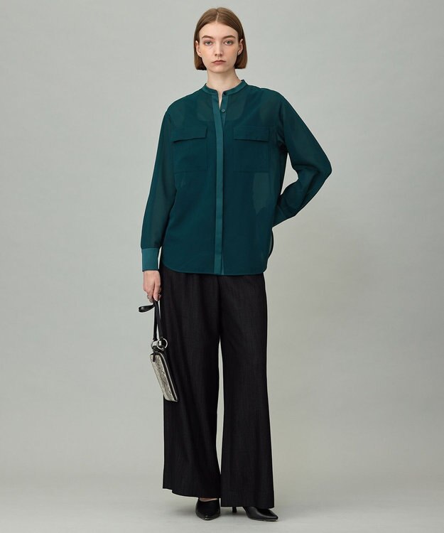 ICB 【洗える】シアーボイル バンドカラーシャツ ピーコック系