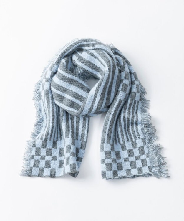 TRICOTE チェックストライプマフラー 31L.BLUE