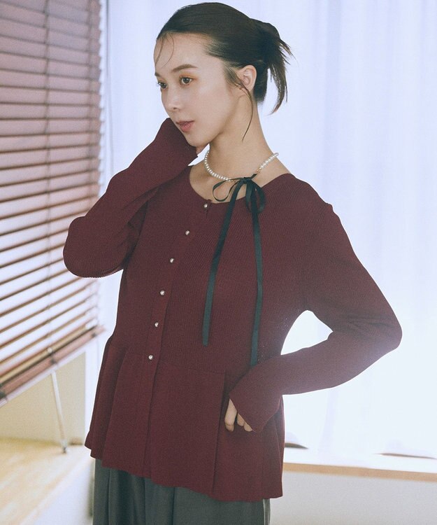 earth music&ecology 【接触冷感】ペプラムニットカーディガン Bordeaux