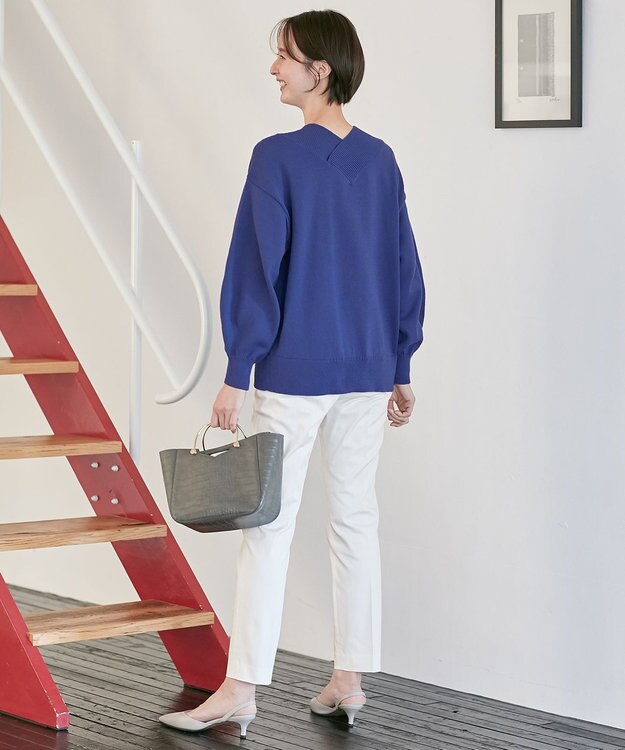 自由区 【XSサイズ～/洗える】コットンブレンドコード Vネックニット ダルブルー系