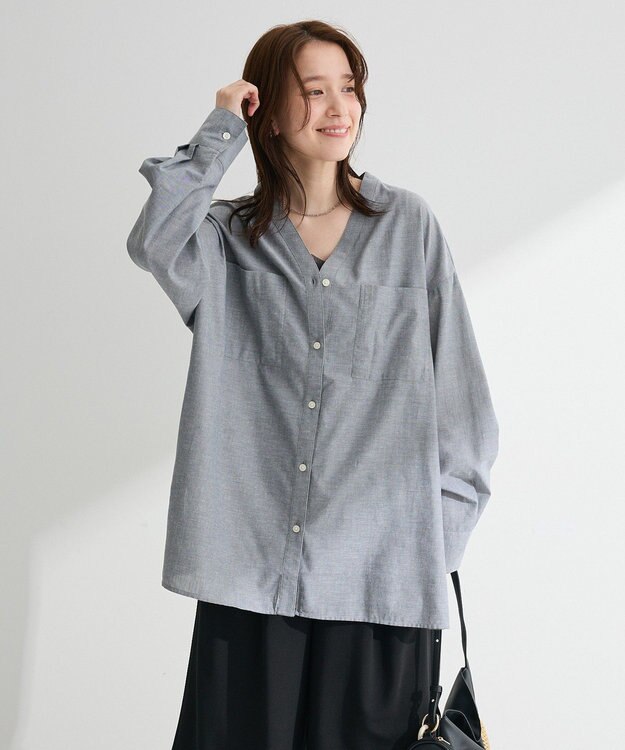 Green Parks 綿麻混Ｖネックオーバーサイズシャツ Gray