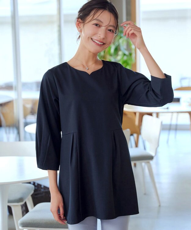 Tiaclasse リボン付きタックフレアチュニック ネイビー