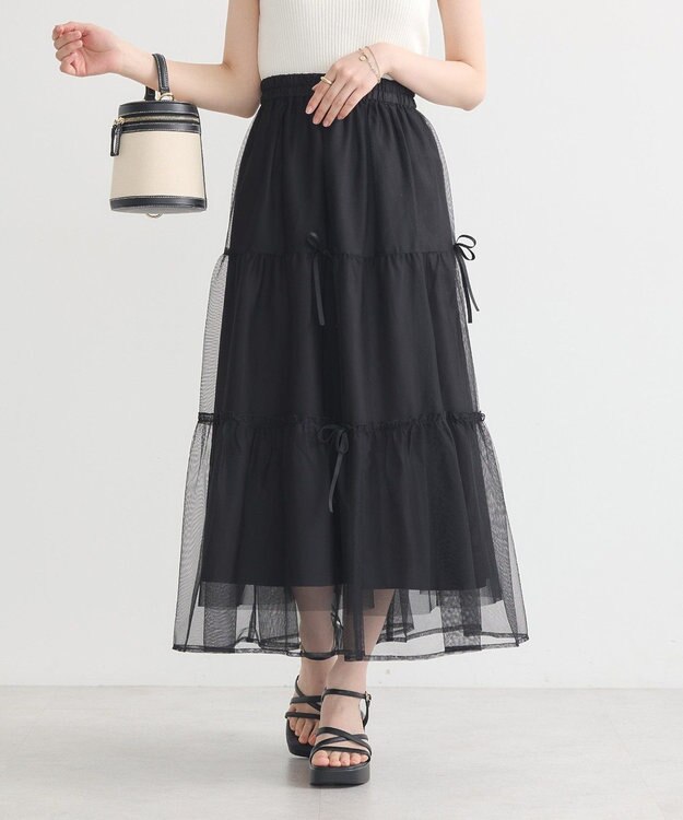 earth music&ecology リボンチュールティアードスカート Black