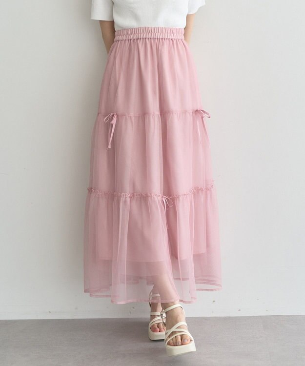 earth music&ecology リボンチュールティアードスカート Pink