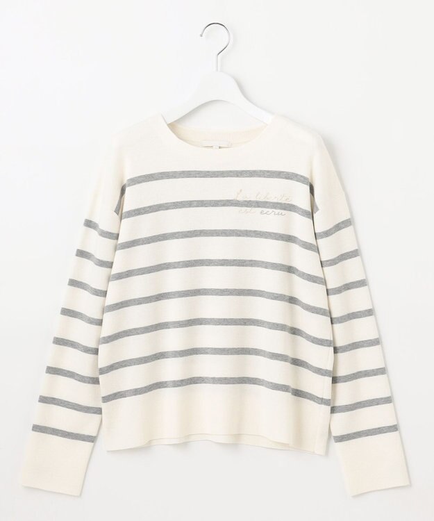 自由区 S 【洗える】コットンウールハイゲージボーダー ニット エクリュ×ライトグレー