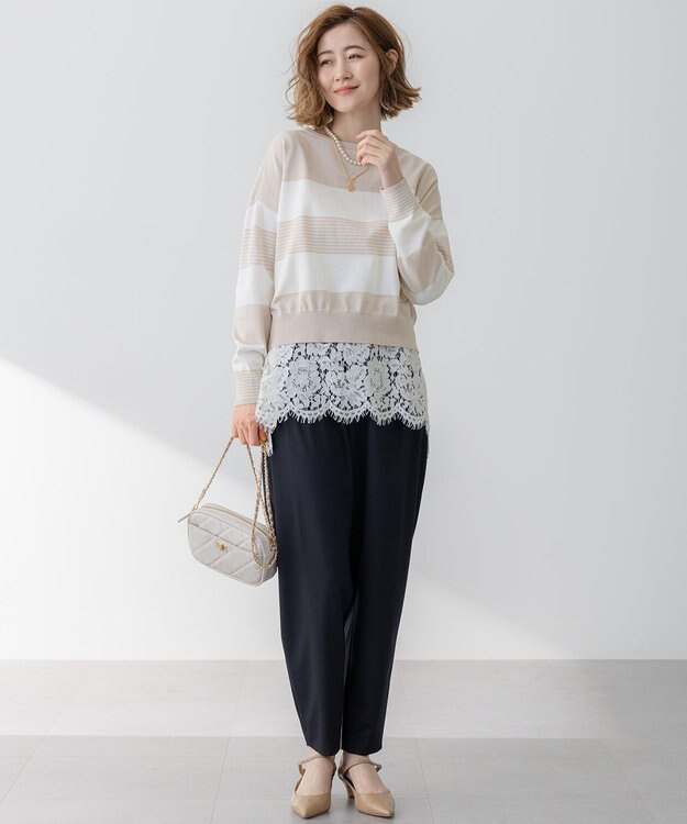 23区 L 【洗える】レースコンビストレッチ マットサテン インナー タンクトップ ホワイト系