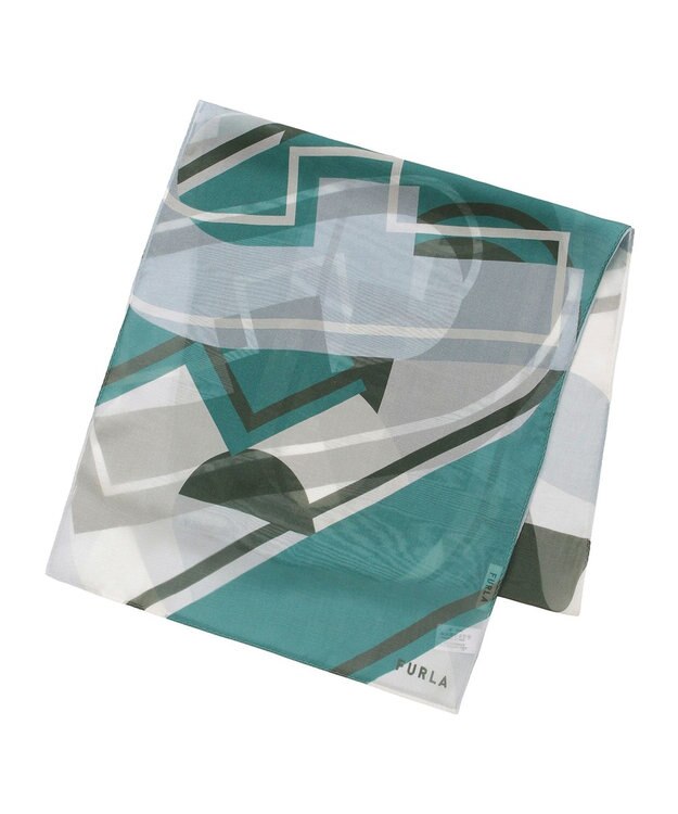 MOONBAT 【シルク100%】FURLA (フルラ) アーチロゴ 幾何学柄 シルクシフォンプリントスカーフ 150cm×35cm 手洗い可能 ビリジアン