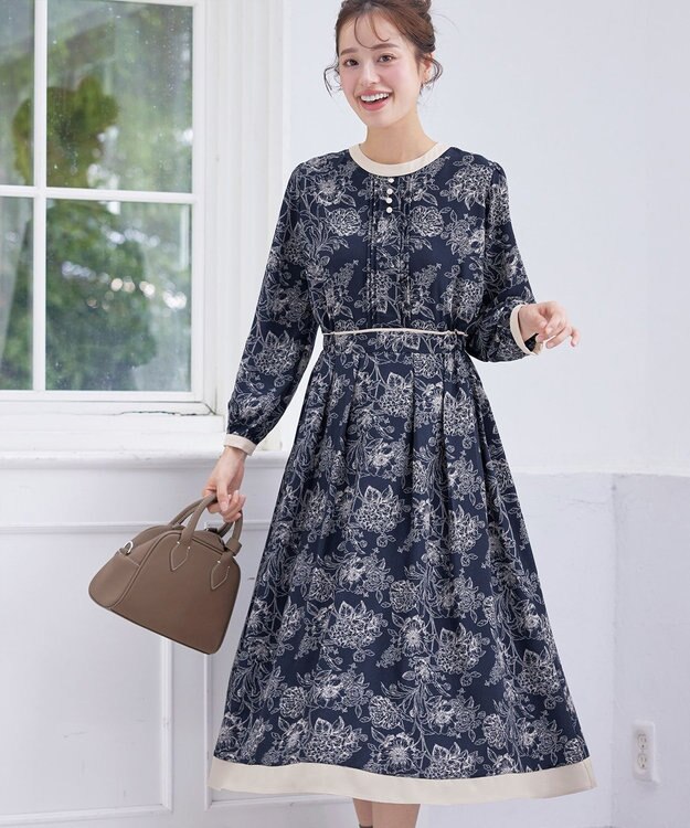 Tiaclasse L 【洗える】トワルドジュイ配色ワンピース ネイビー