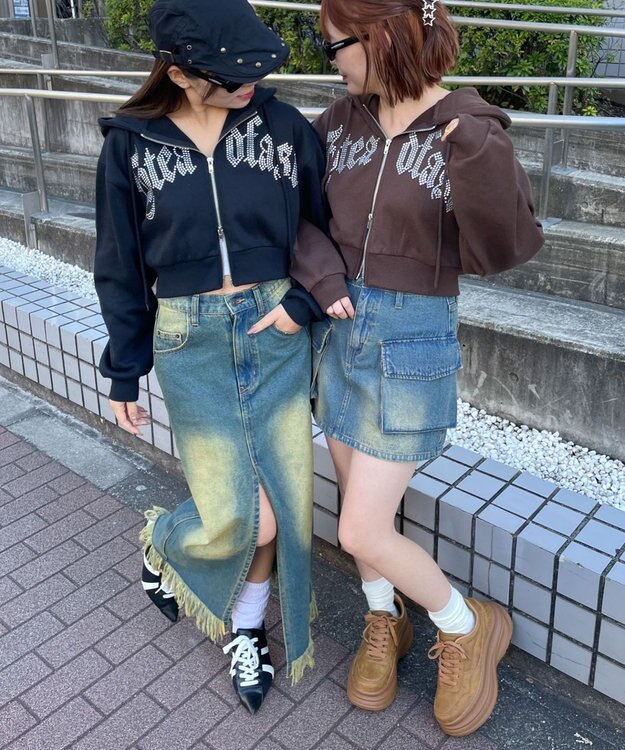 WEGO 【裏起毛】ラインストーン裏起毛ショートジップパーカー ブラウン