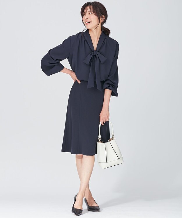 23区 L リボンディテール ギャザー ブラウス ネイビー