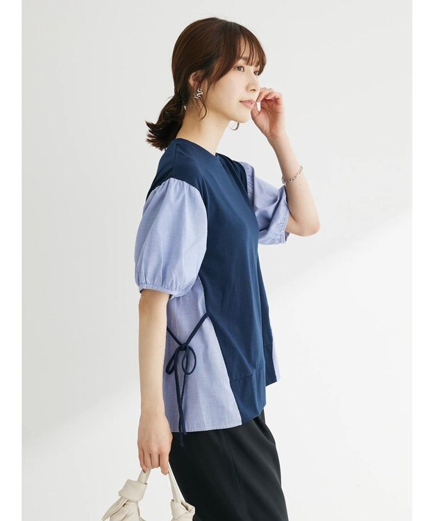 Green Parks 布帛ドッキング脇リボンプルオーバー Navy