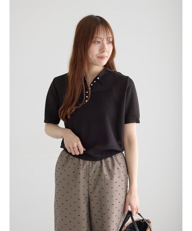 Te chichi 【マシンウォッシャブル】パール釦メッシュニットポロ ブラック
