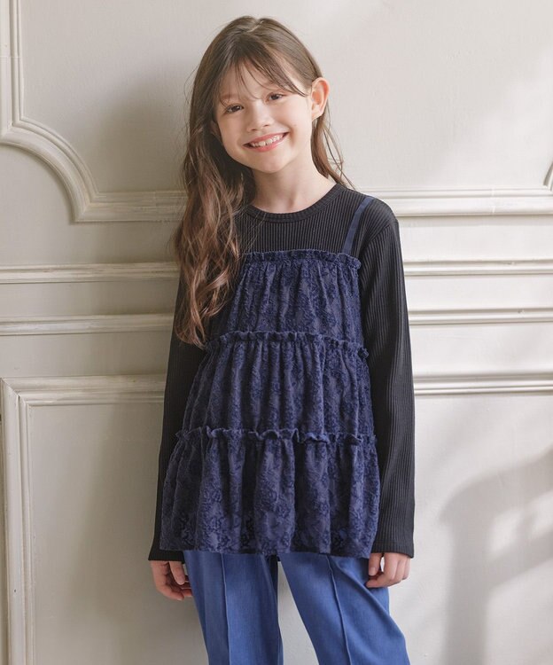 組曲 KIDS 【150-160㎝】スノウレースレイヤード トップス ネイビー