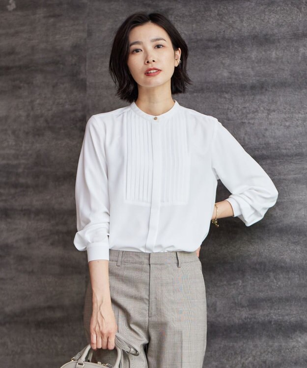  【洗える】ヌーディスバックサテン バンドカラー ブラウス