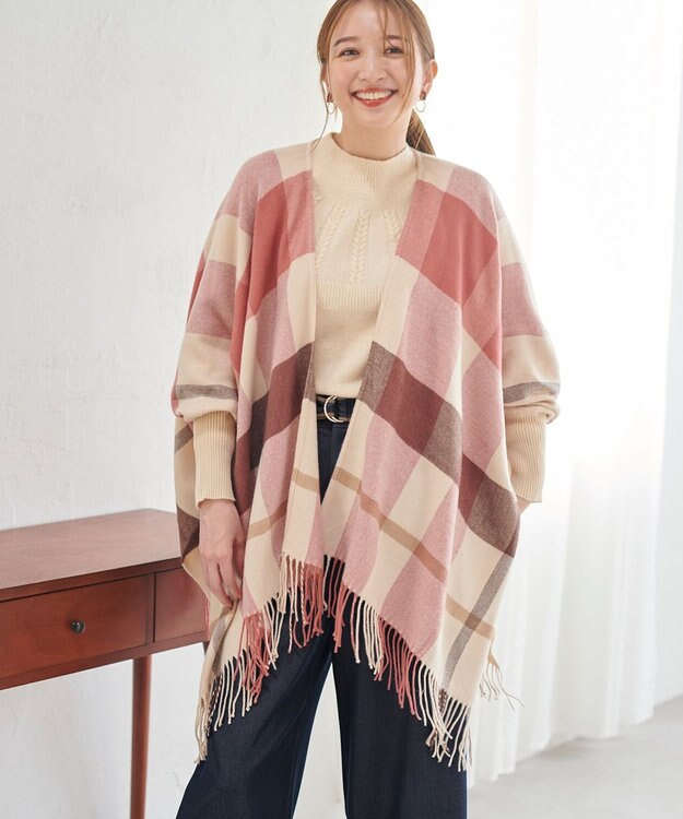 ANY SIS ノーブルチェック ポンチョ ストール ピンク系