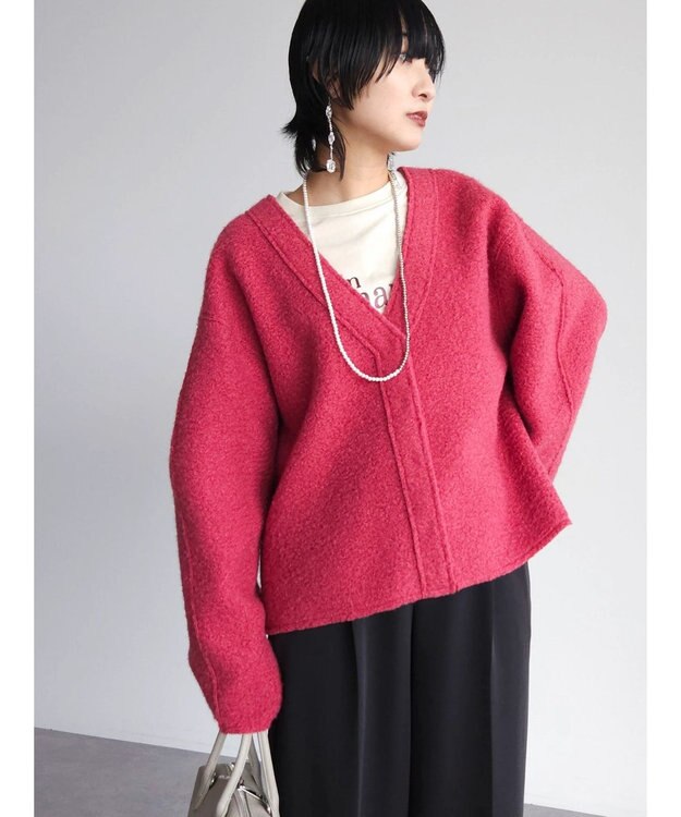 Green Parks ・ＥＬＥＮＣＡＲＥ　ＤＵＥ　ブークレＶネックカーデ Pink