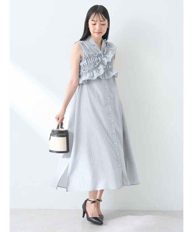 earth music&ecology ＳＥＴ２点シャーリングビスチェ×シャツワンピース Stripe Light Gray