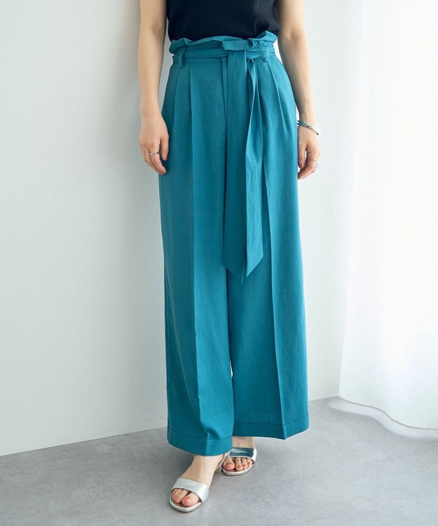 YECCA VECCA ベルテッドリネン混ワイドパンツ Blue Green