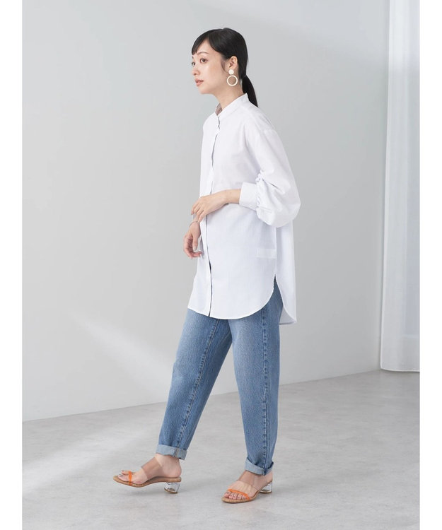 earth music&ecology バンドカラーストライプシャツ Light Gray