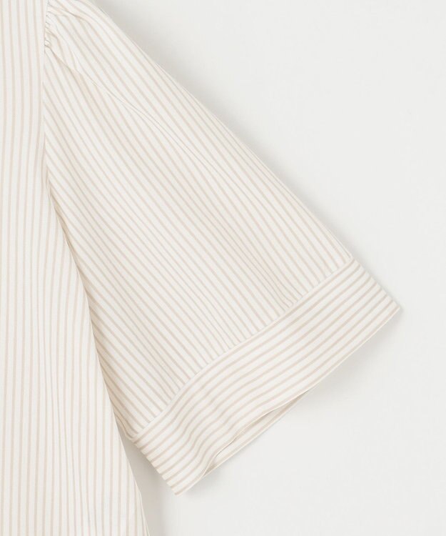 自由区 【接触冷感・UVカット・洗える】ストライプコットンハイゲージフレアスリーブ カットソー オフ×シナモン