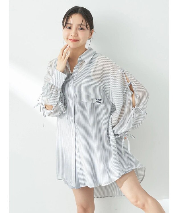 earth music&ecology 袖スリットリボンロングシャツ Gray