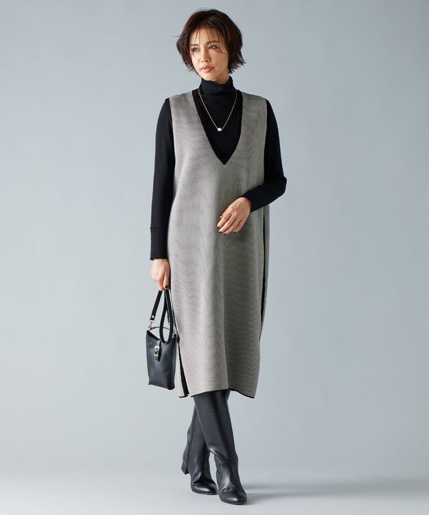 自由区 【リバーシブル・セットアップ対応・洗える】レーヨンストレッチリバーシブルニット ジャンパースカート ブラック×ココア